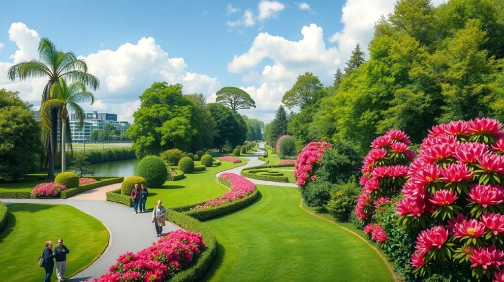 A gyönyörű Rhododendron Park Brémában, virágokkal és zöldellő fákkal.