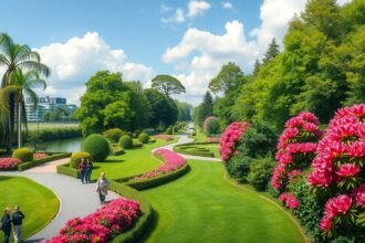 A gyönyörű Rhododendron Park Brémában, virágokkal és zöldellő fákkal.