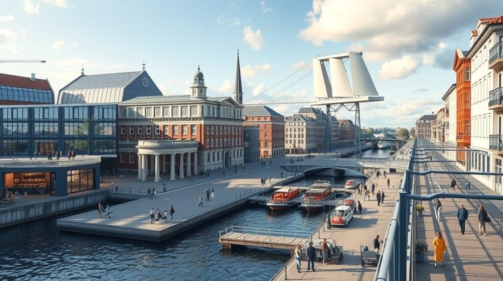 Bréma Überseestadt régi kikötő átalakulása modern térséggé