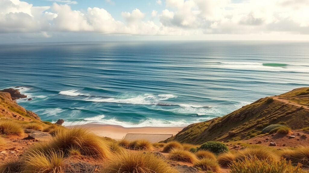 Kilátás a Zöld-foki szigetek partjáról, szép tengerrel és felhős idővel.