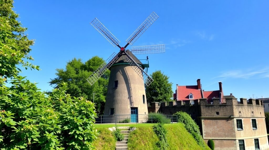 Bréma szélmalma a városfalnál napos időben