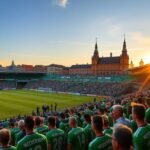 Werder Bremen stadion a naplementében, lelkes szurkolókkal.