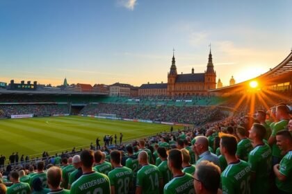 Werder Bremen stadion a naplementében, lelkes szurkolókkal.