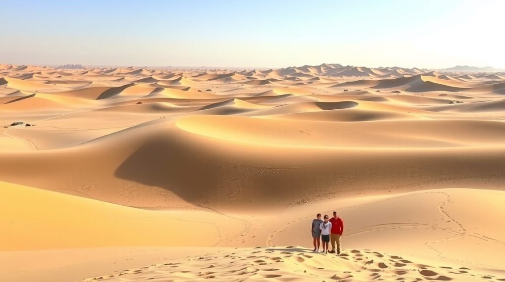 Nézőpont a sivatag hatalmas homokdűnéiről Ománban.