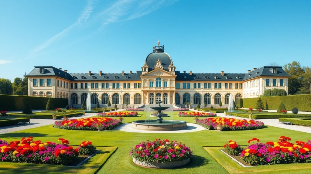 A Herrenhauseni kertek barokk stílusú pavilonja virágos kerttel Hannoverben.