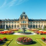 A Herrenhauseni kertek barokk stílusú pavilonja virágos kerttel Hannoverben.