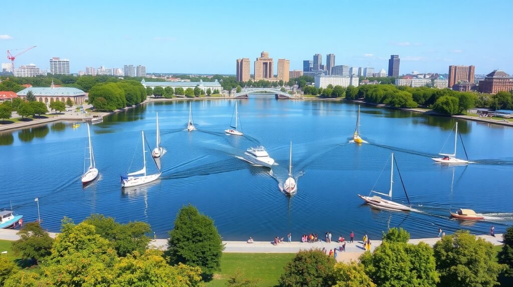 Maschsee Hannover városi tó, vitorlások, napfény és szép idő