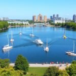 Maschsee Hannover városi tó, vitorlások, napfény és szép idő