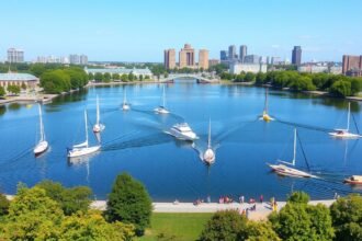 Maschsee Hannover városi tó, vitorlások, napfény és szép idő