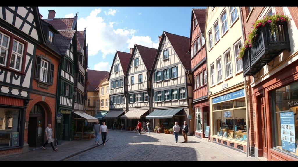 Hannover Óvárosának bájos favázas házai az utcán