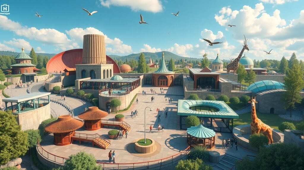 Hannoveri Állatkert panorámaképe, tematikus világok, látogatók.