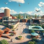 Hannoveri Állatkert panorámaképe, tematikus világok, látogatók.