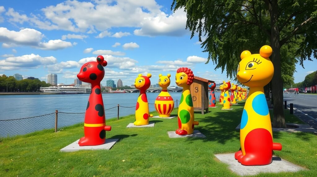 Nanas-szobrok a Leine partján Hannoverben, színes művészeti élmény.