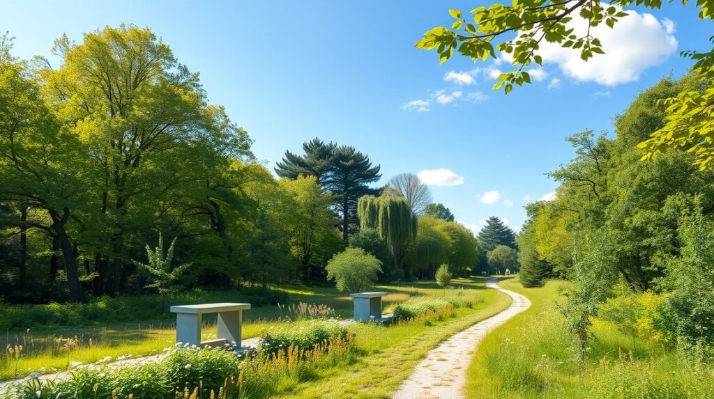 Eilenriede városi erdő Hannoverben, sétáló és kerékpáros utak zöld környezetben.