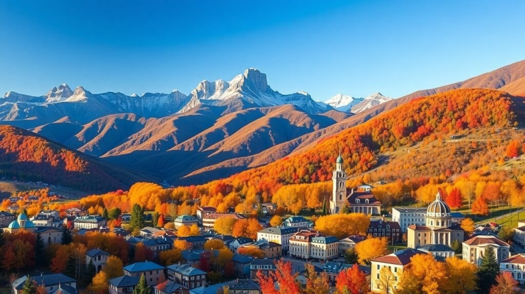 Breathtaking view of Kutaisi, Georgia, surrounded by colorful autumn mountains.