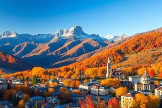 Breathtaking view of Kutaisi, Georgia, surrounded by colorful autumn mountains.