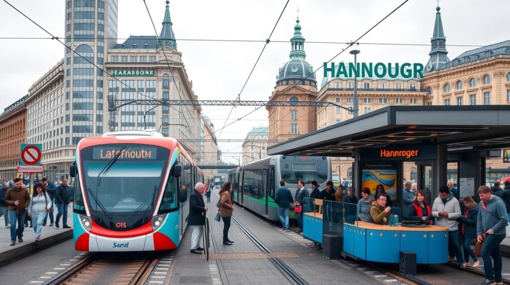 Hannover városi közlekedés villamosmegállója emberekkel és járművekkel
