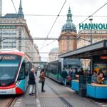 Hannover városi közlekedés villamosmegállója emberekkel és járművekkel