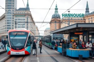 Hannover városi közlekedés villamosmegállója emberekkel és járművekkel