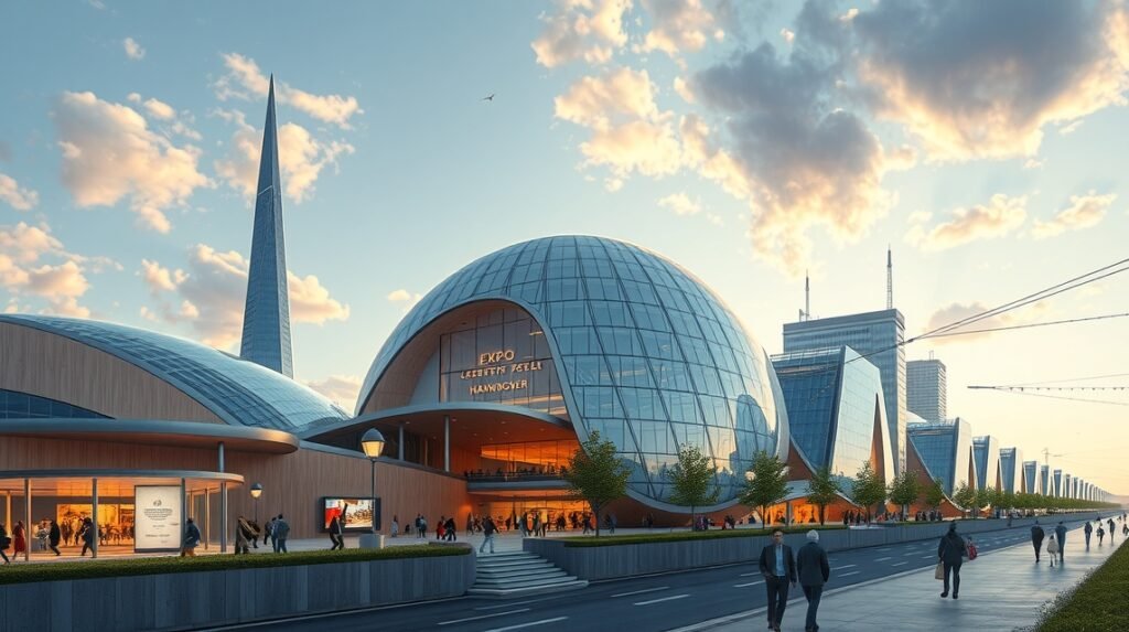 Az EXPO 2000 Hannover innovatív épülete képe.