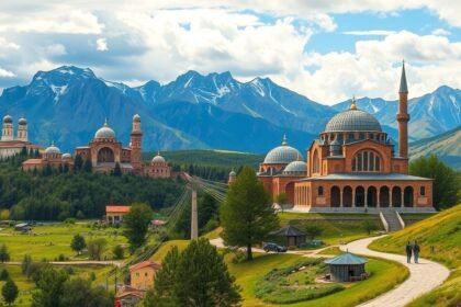 Örményországi hegyek és történelmi épületek látképe