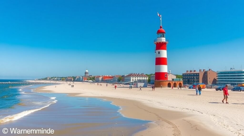 Warnemünde világítótorony a homokos tengerpart mellett