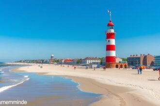 Warnemünde világítótorony a homokos tengerpart mellett