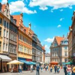 Kröpeliner Straße bevásárlóutca Rostockban, élénk utcai élet.