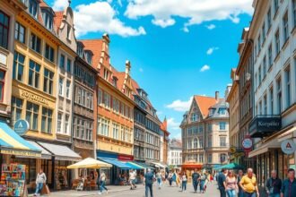 Kröpeliner Straße bevásárlóutca Rostockban, élénk utcai élet.