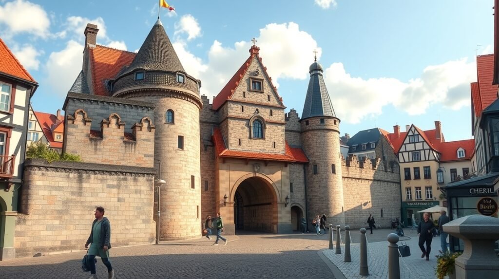 A Kröpeliner Tor, Rostock középkori kapuja a városfal mögött.