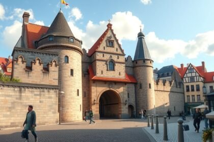 A Kröpeliner Tor, Rostock középkori kapuja a városfal mögött.