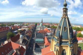 Kilátás a Rostock óvárosára a Petrikirche toronyból