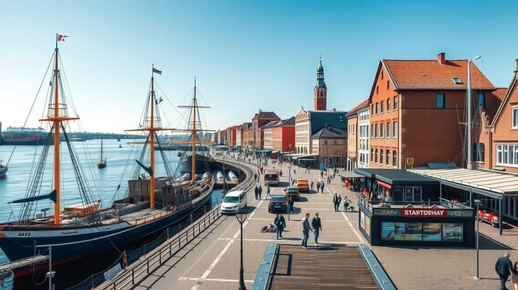 Rostock városi kikötő, vitorlások és sétáló emberek