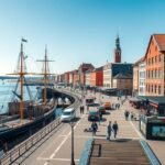 Rostock városi kikötő, vitorlások és sétáló emberek