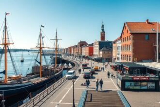 Rostock városi kikötő, vitorlások és sétáló emberek