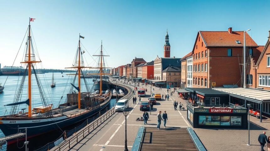 Rostock városi kikötő, vitorlások és sétáló emberek