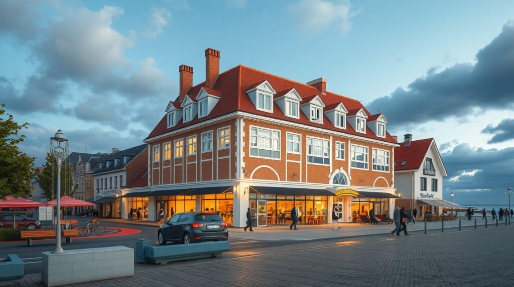 A Warnemünde Teepott modernista épülete tengerre néző kilátással.