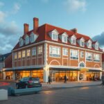 A Warnemünde Teepott modernista épülete tengerre néző kilátással.