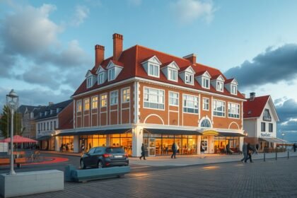 A Warnemünde Teepott modernista épülete tengerre néző kilátással.