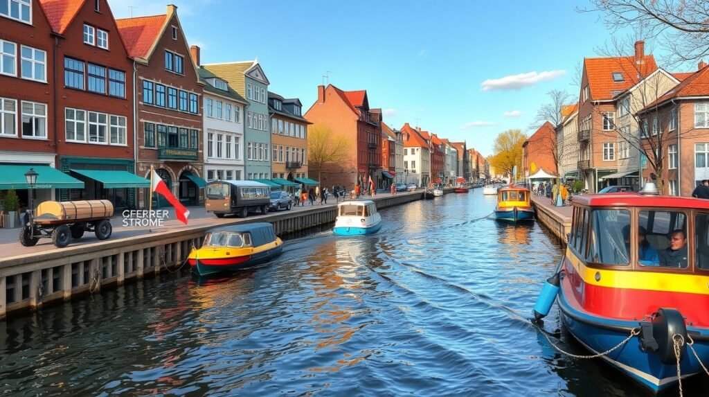 Hajókázás az Alter Strom csatornán Rostock városában.