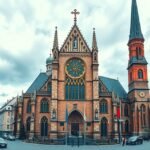 A Szent Miklós-templom panorámás képe Rostock városában.