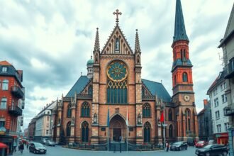 A Szent Miklós-templom panorámás képe Rostock városában.