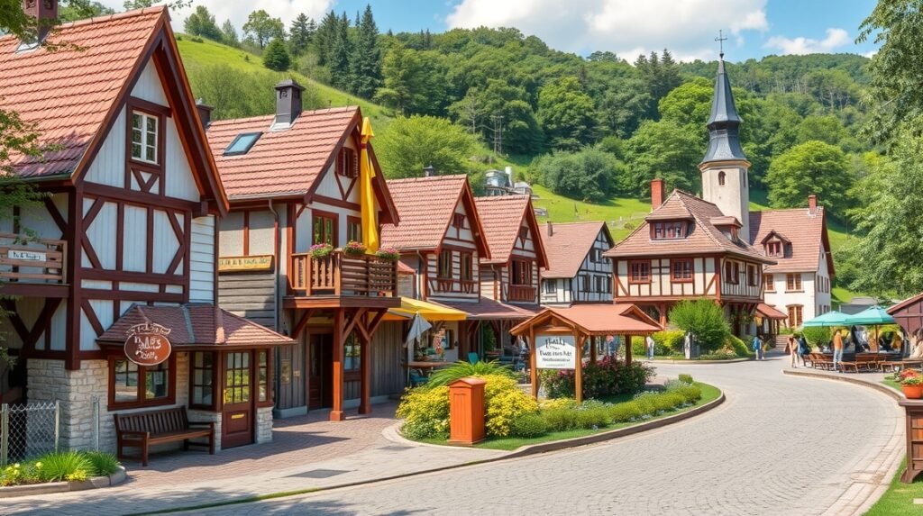 Karls Erlebnis-Dorf épületei Rostock közelében, gyönyörű vidéki környezetben.