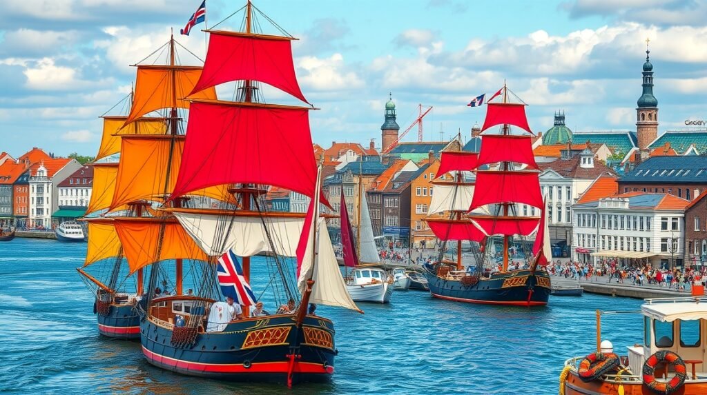 Színes vitorlások tűnnek fel Rostock kikötőjében a Hanse Sail fesztivál alatt.