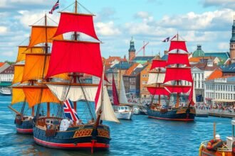 Színes vitorlások tűnnek fel Rostock kikötőjében a Hanse Sail fesztivál alatt.