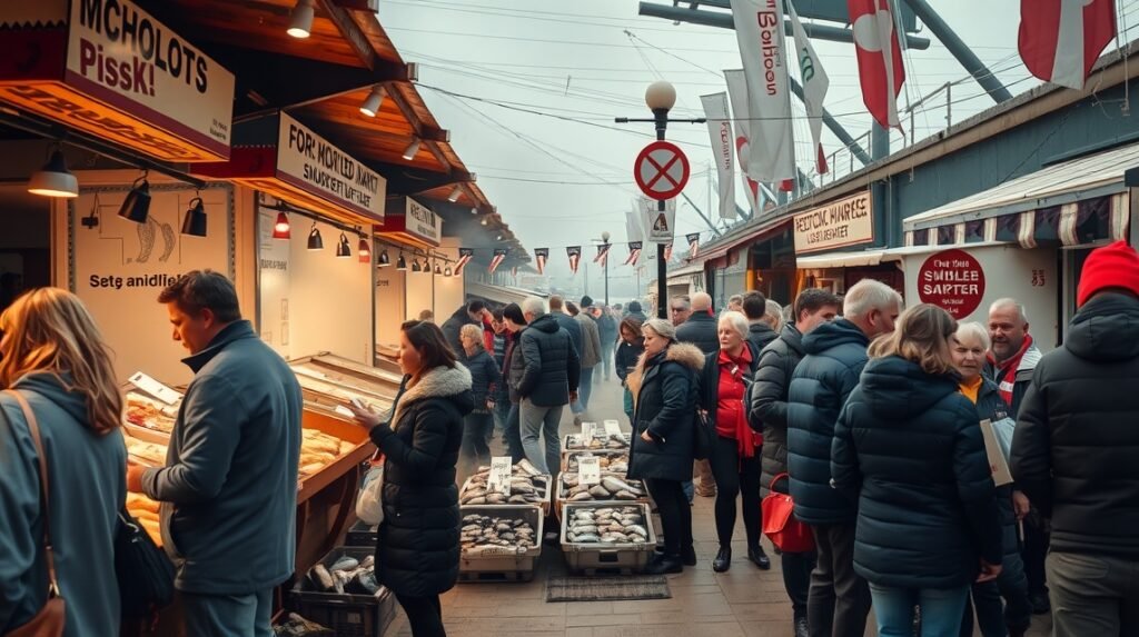 Rostock kikötői piac friss füstölt halakkal és látogatókkal