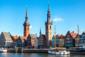 Rostock tengerparti panoráma gótikus épületekkel és hajókkal.