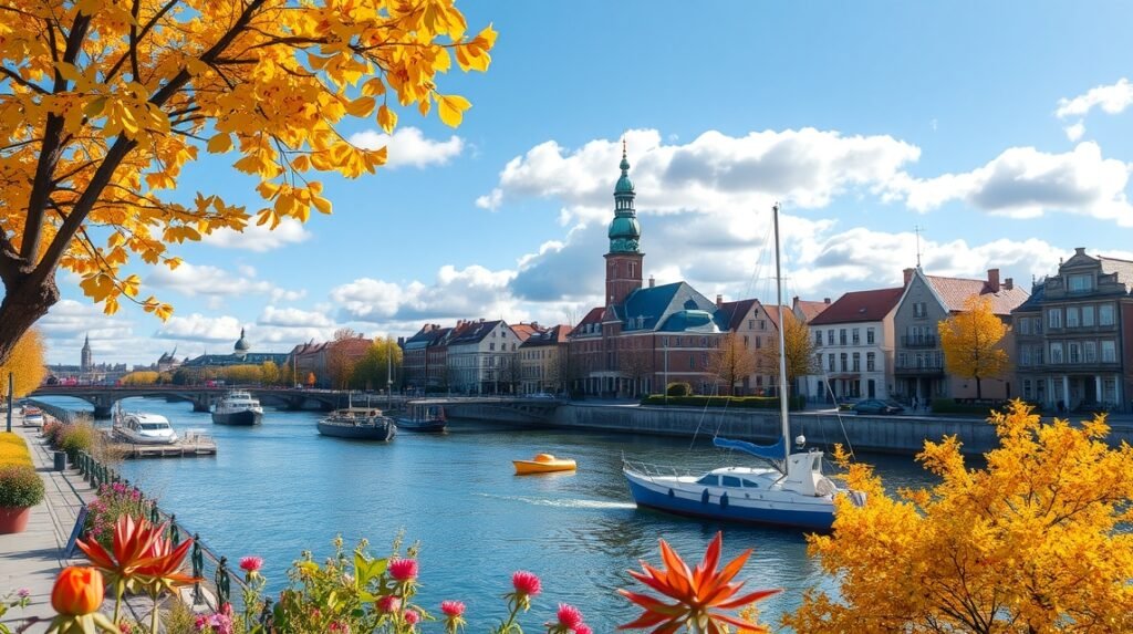 Rostock városképe ősszel, sárga levelekkel és hajókkal a folyón.