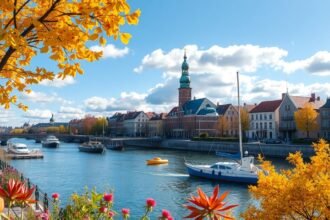 Rostock városképe ősszel, sárga levelekkel és hajókkal a folyón.