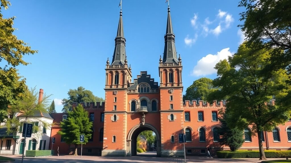A Holstentor városkapu Lübeckben, négy toronnyal és gótikus stílusban.